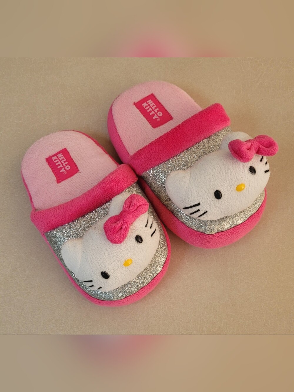 Girls Hello Kitty Pink & Silver Plush Slide Slippers